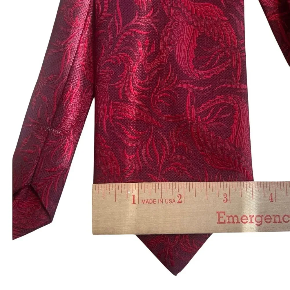 Vtg Necktie ERNST SF Union wide burgundy/red brocade floral/dragon design